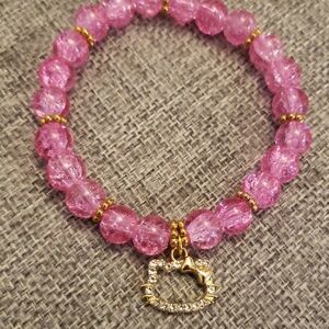 Chic Pink Beaded Stretch Bracelet with Gold Cat Charm